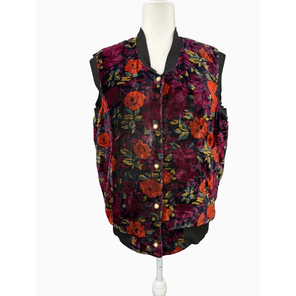 Kam Lung Vintage Floral Velvet Bomber Vest Women's M Quilted Pearl Buttons